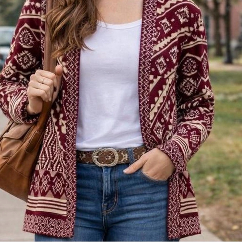Southwestern‎ Pink Republic Knit Open Front Cardigan Burgundy Cream Western XS